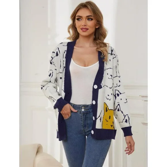 Cat Sweater for Women Oversized Button Down V Neck Knit Cardigan Cute Kawaii Car - Picture 4 of 7